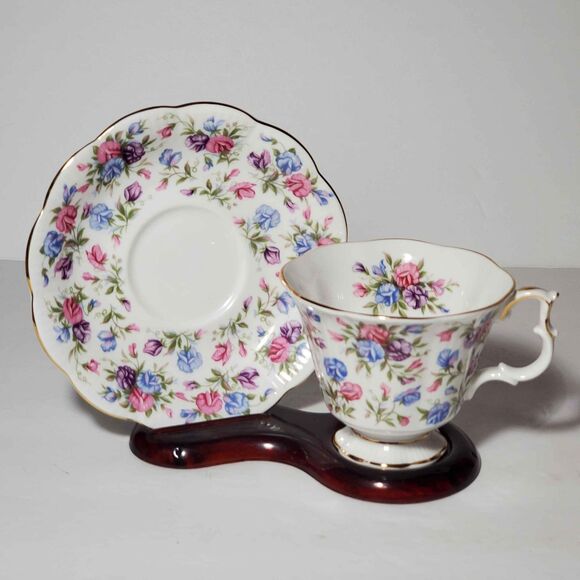 Royal Albert Teacup and Saucer Mayfair Chintz Pink Blue Flowers Bone China - Picture 1 of 9